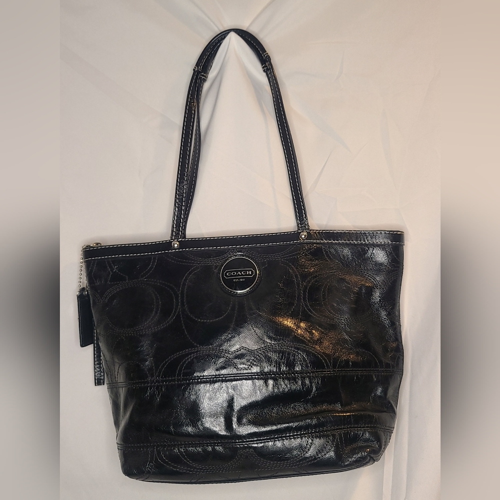 Coach 15142 East West Gallery embossed black patent leather tote